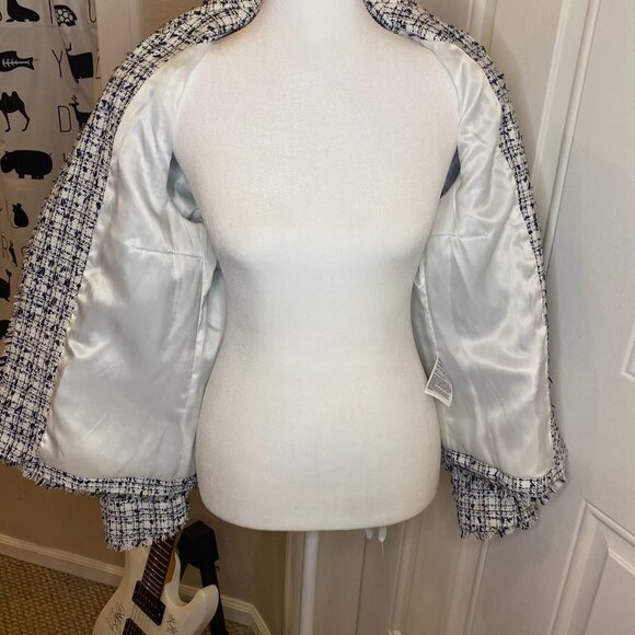 H&M Women' White/Black/Blue Speckled Long Sleeve Open Front Collared Blazer Sz 8 - Picture 5 of 7